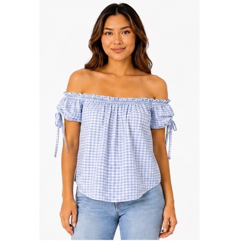 L.O.G.G. Light Blue Gingham Off The Shoulder Tie Sleeve Top Blouse